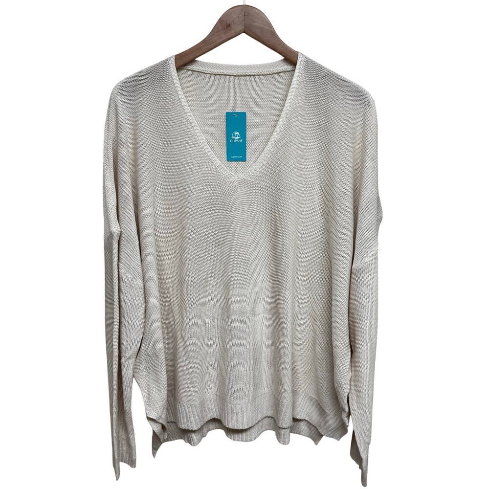 Cupshe V Neck Knit Sweater Beige Oversized Lightweight XL NWT - Picture 2 of 8